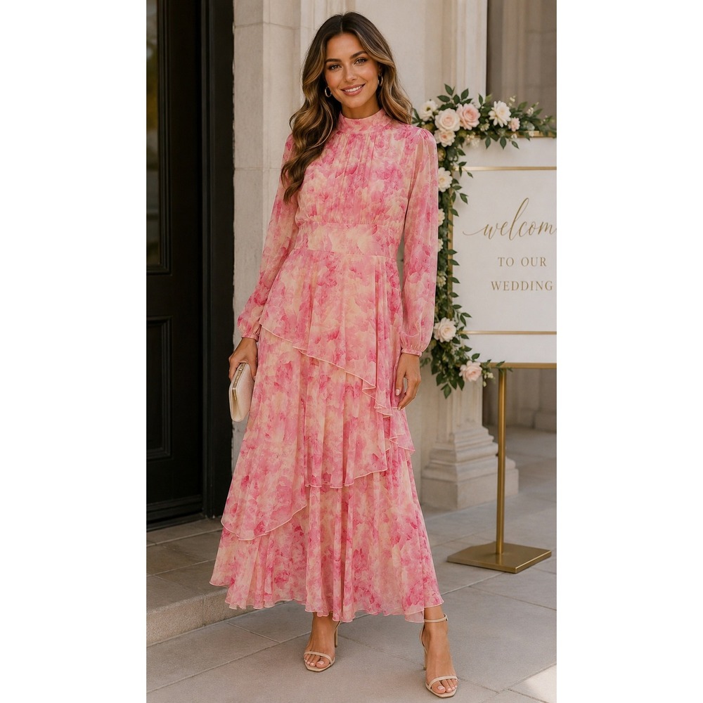 Toleen Pink Watercolor Floral Tiered Maxi Dress Size M Mock Neck Long Sleeve NWT